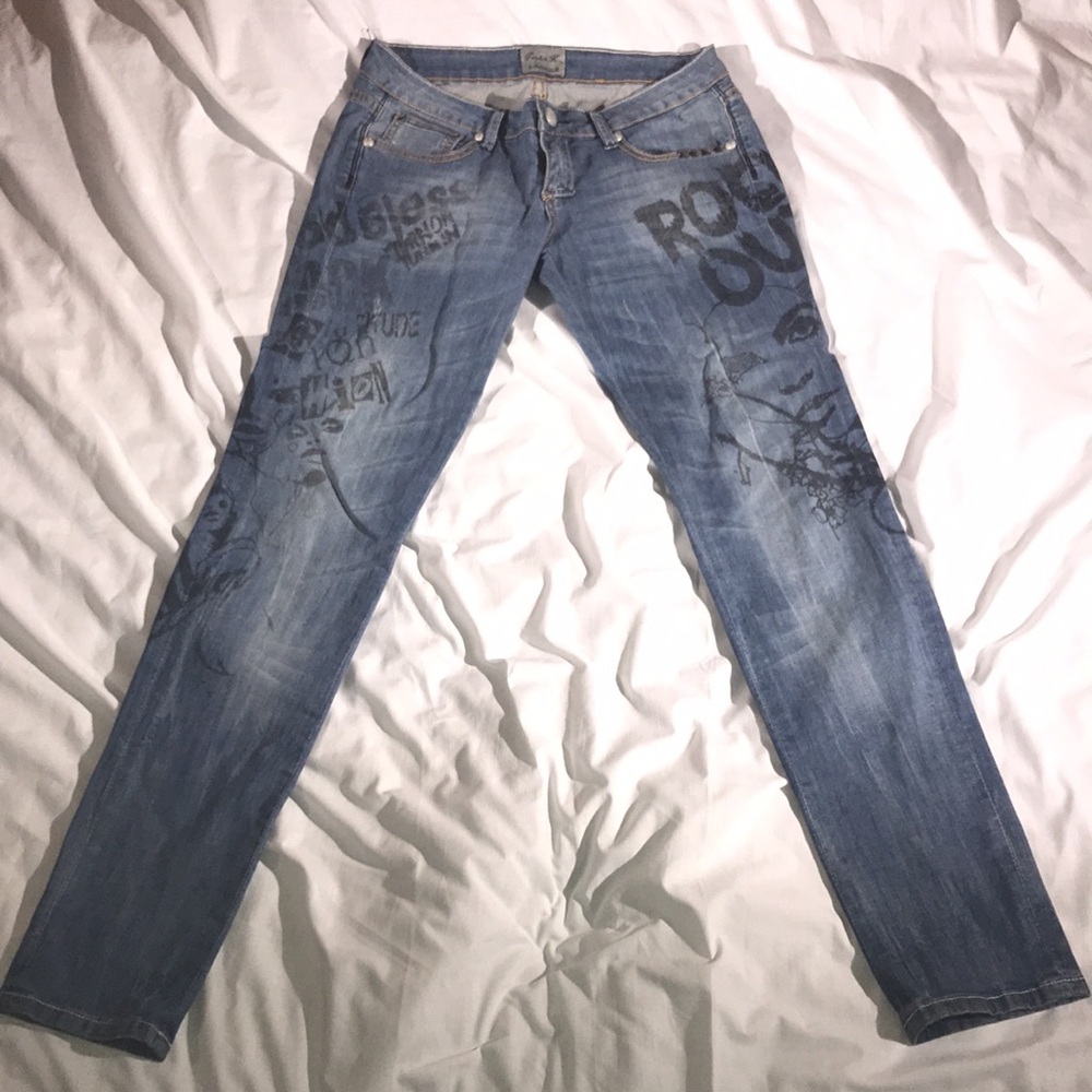 Twelve K Los Angeles Rare Medium Wash Straight Leg Artistic Print Denim Jeans